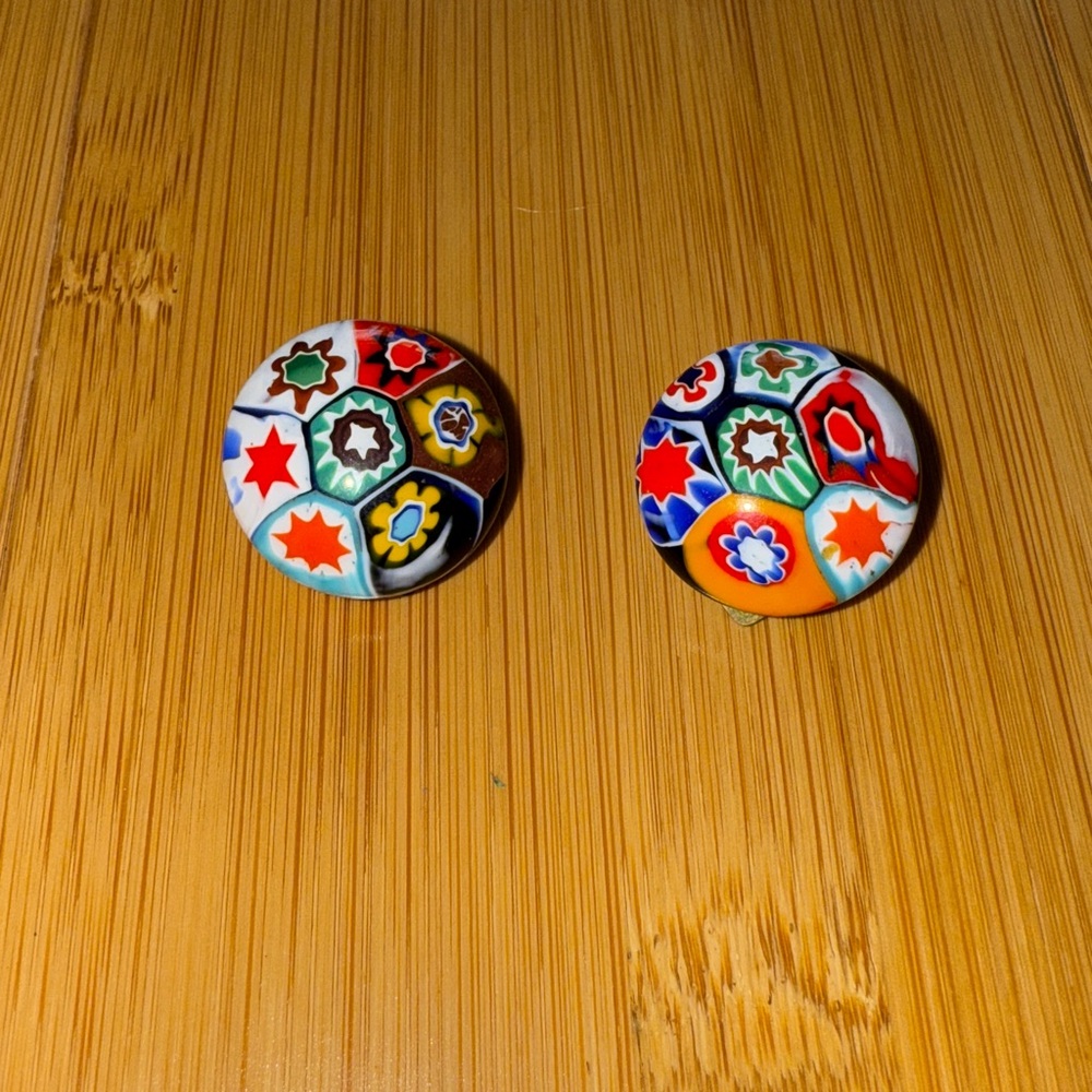 Murano Millefiori Venetian Italy Floral Art Glass Clip On Pair Earrings Jewelry